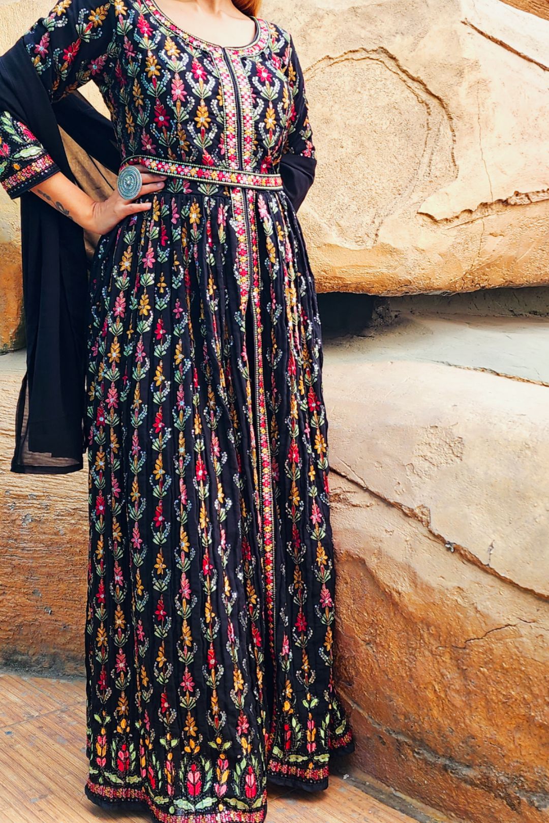 Black Slit Style Embroidered Anarkali With Pants &amp; Dupatta.