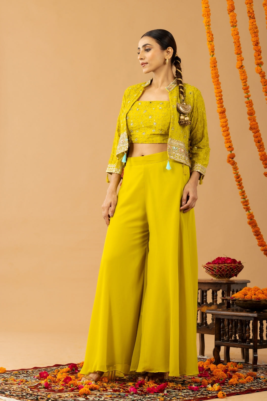 Lime Green georgette Sharara Set with Shrug