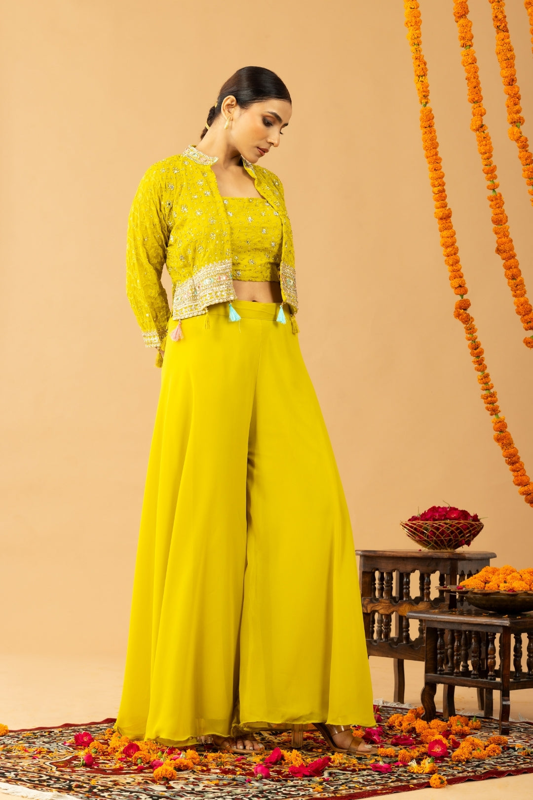 Lime Green georgette Sharara Set with Shrug