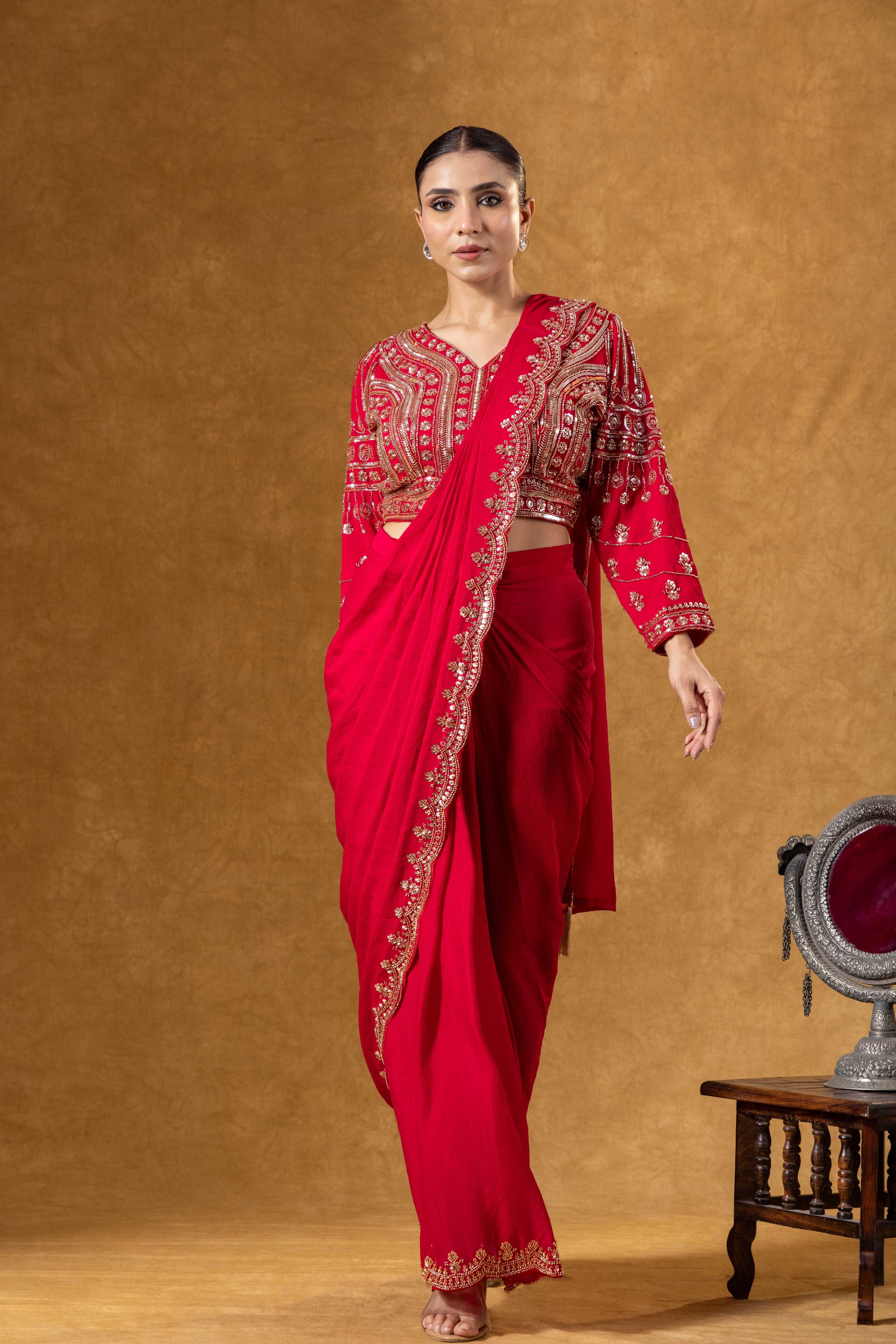 Crimson Hand Embroidered Saree Set