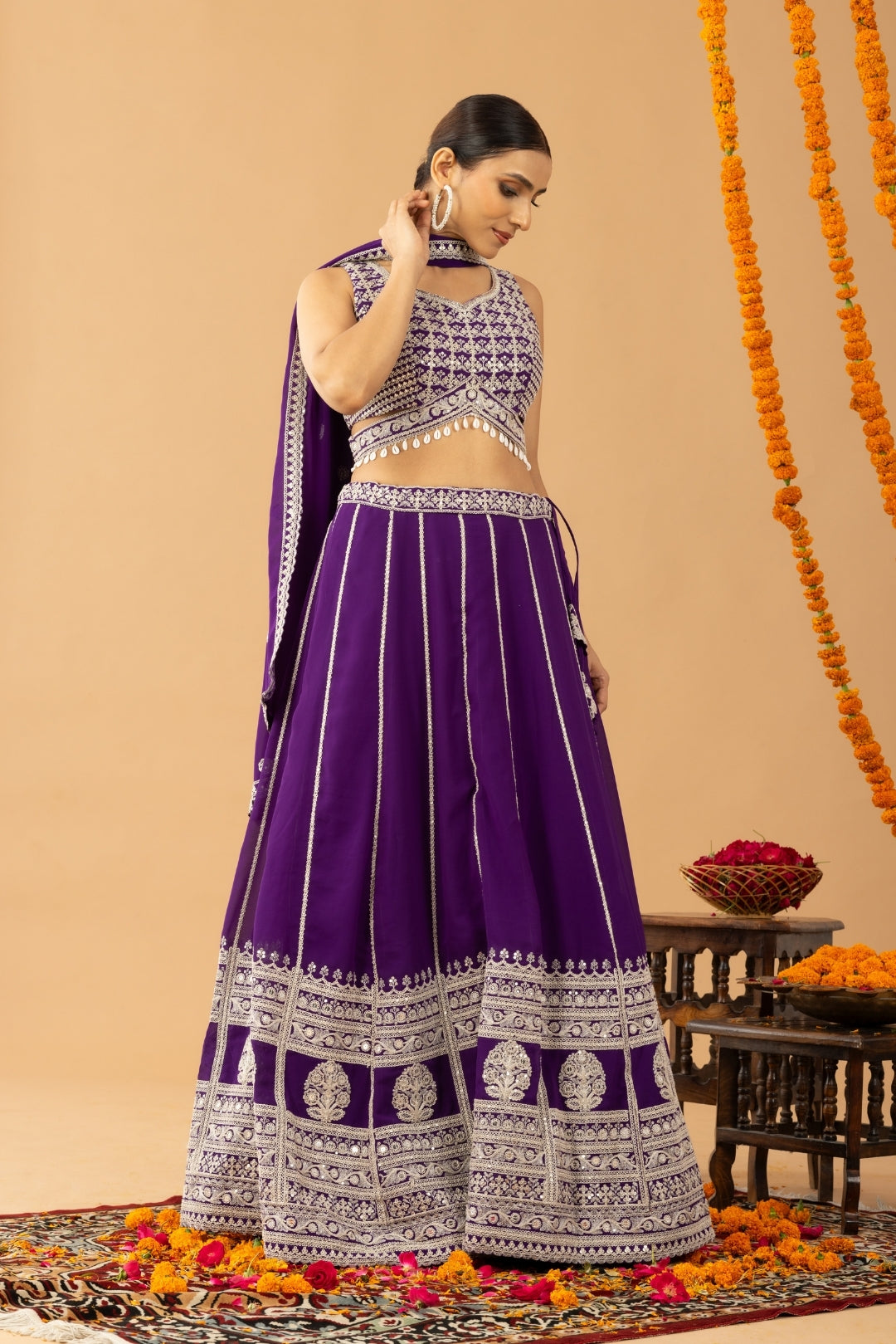 Purple Zari Sequin Embellished Lehenga Set