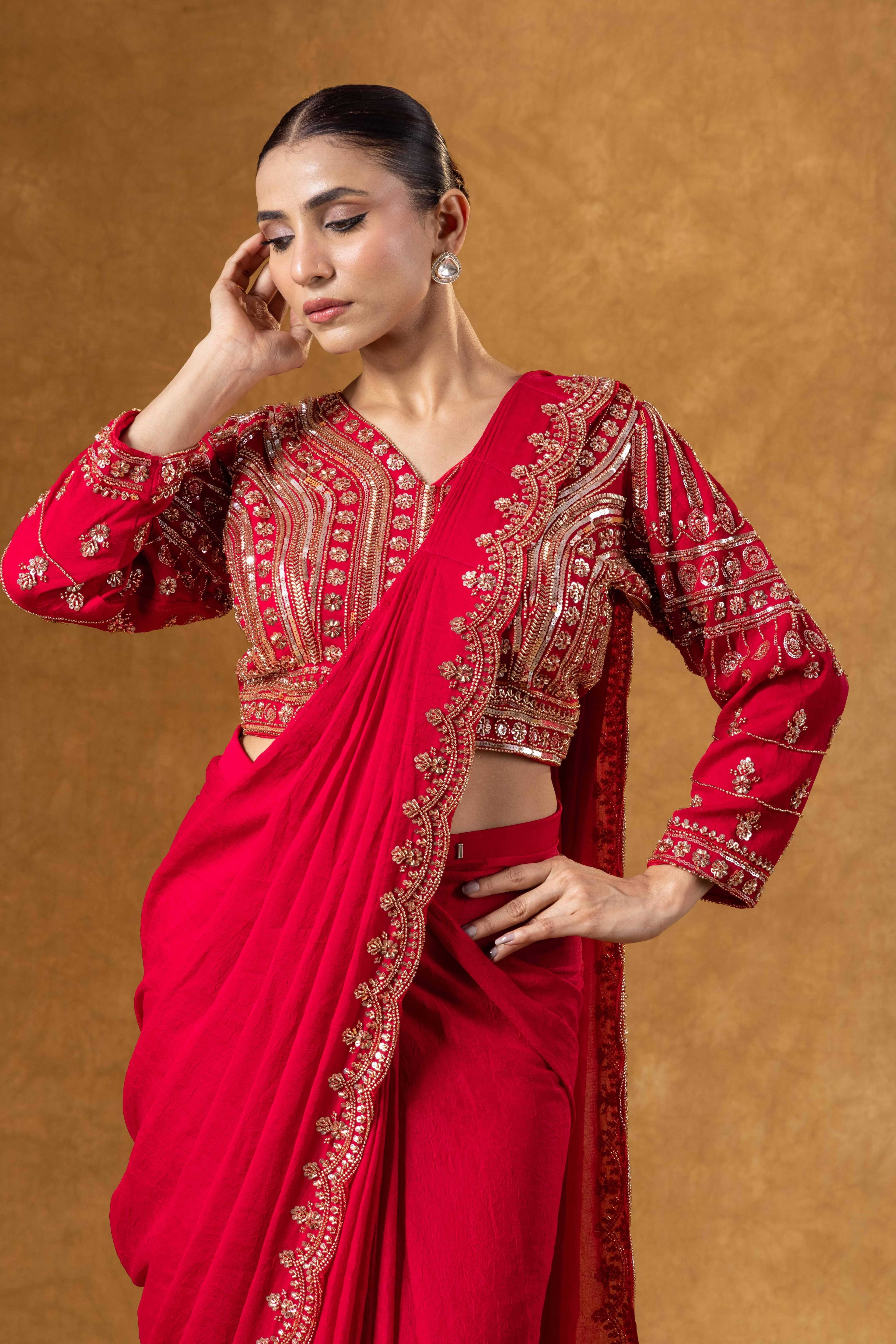 Crimson Hand Embroidered Saree Set