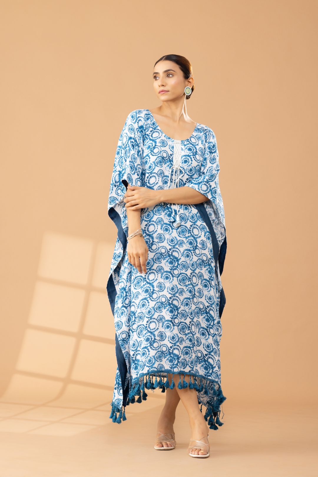 Blue Pure Cotton Tie &amp; Dye Kaftan Dress