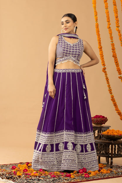 Purple Zari Sequin Embellished Lehenga Set