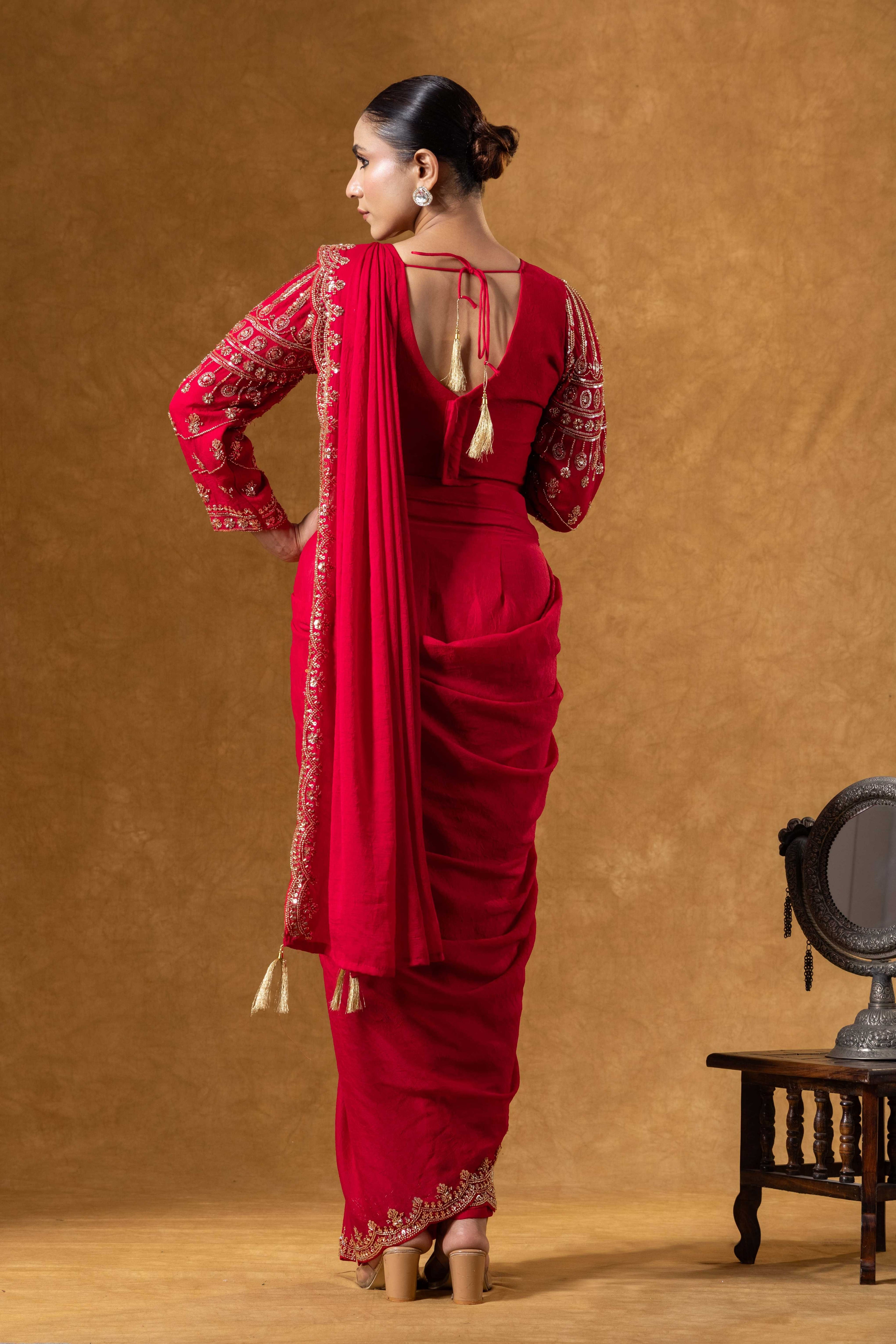 Crimson Hand Embroidered Saree Set