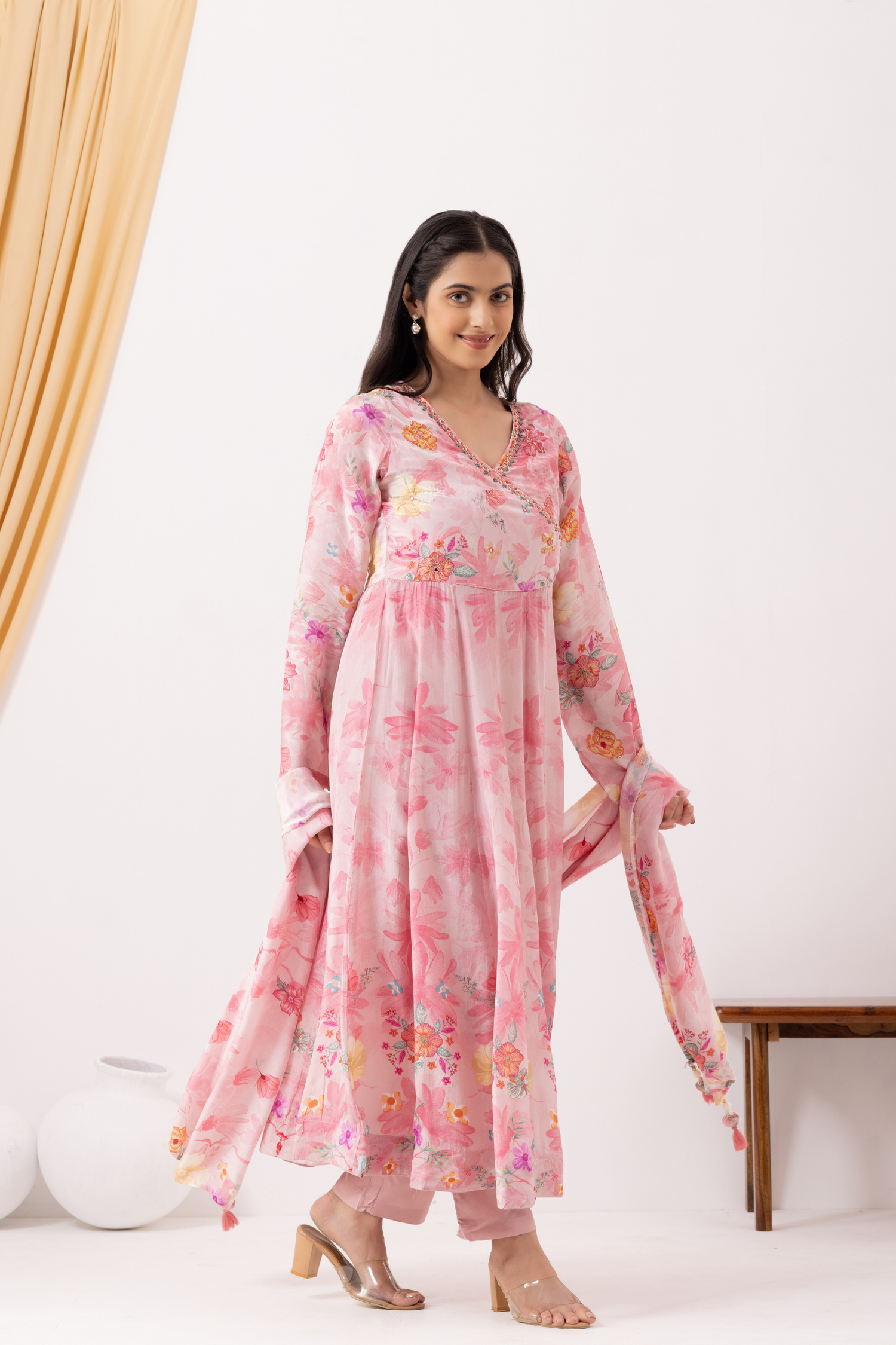 Pink Crepe Printed &amp; Hand Embroidered Angrakha  Style Anarkali Set