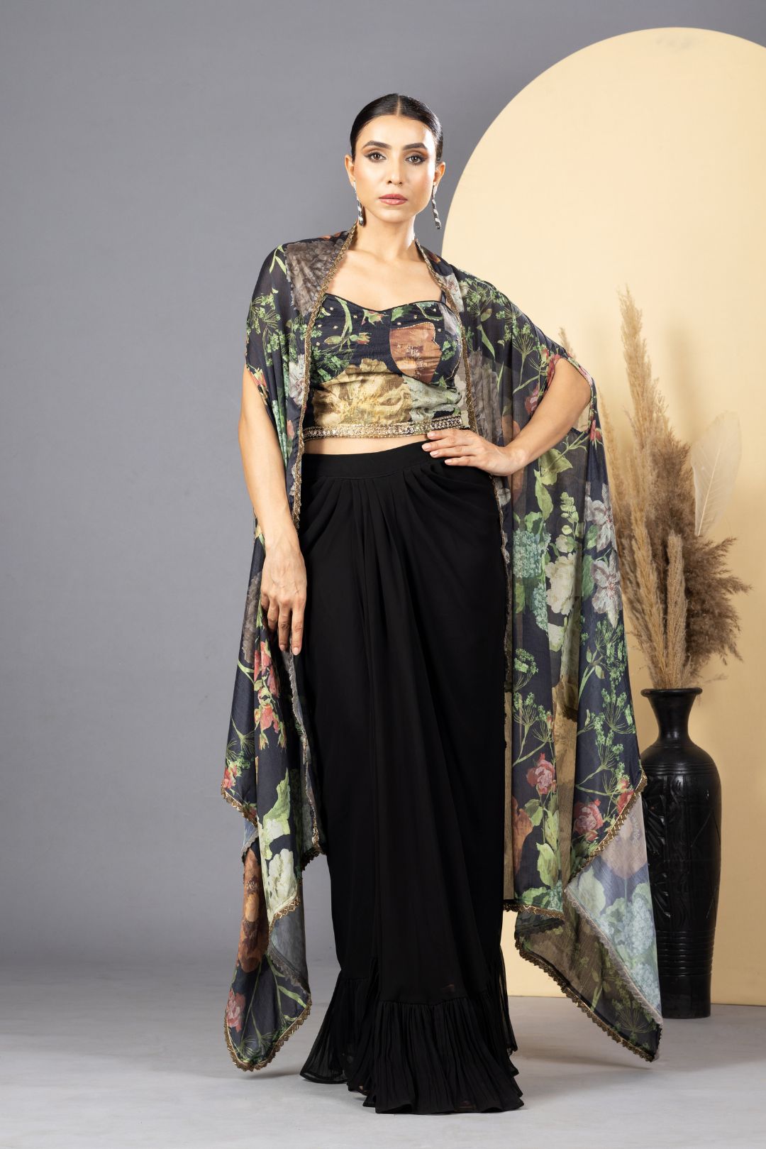 Black Floral Print Drape Skirt, Choli & Cape Set