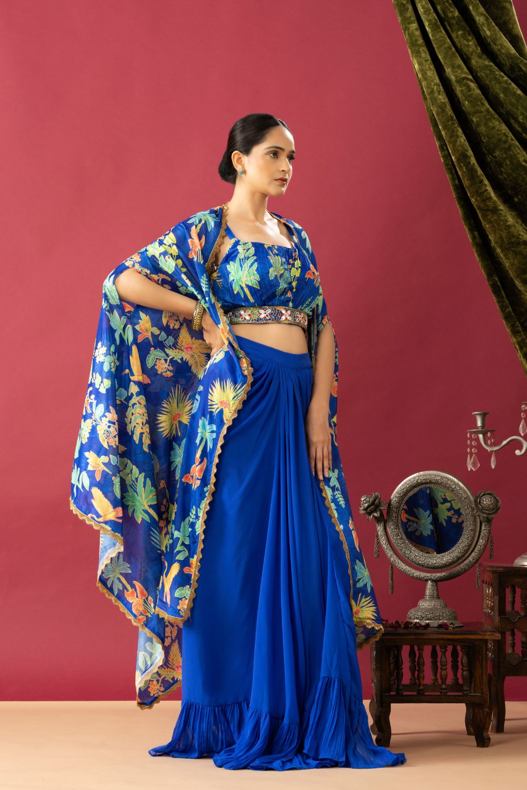 Blue Drape Skirt Set with Multicolor Cape