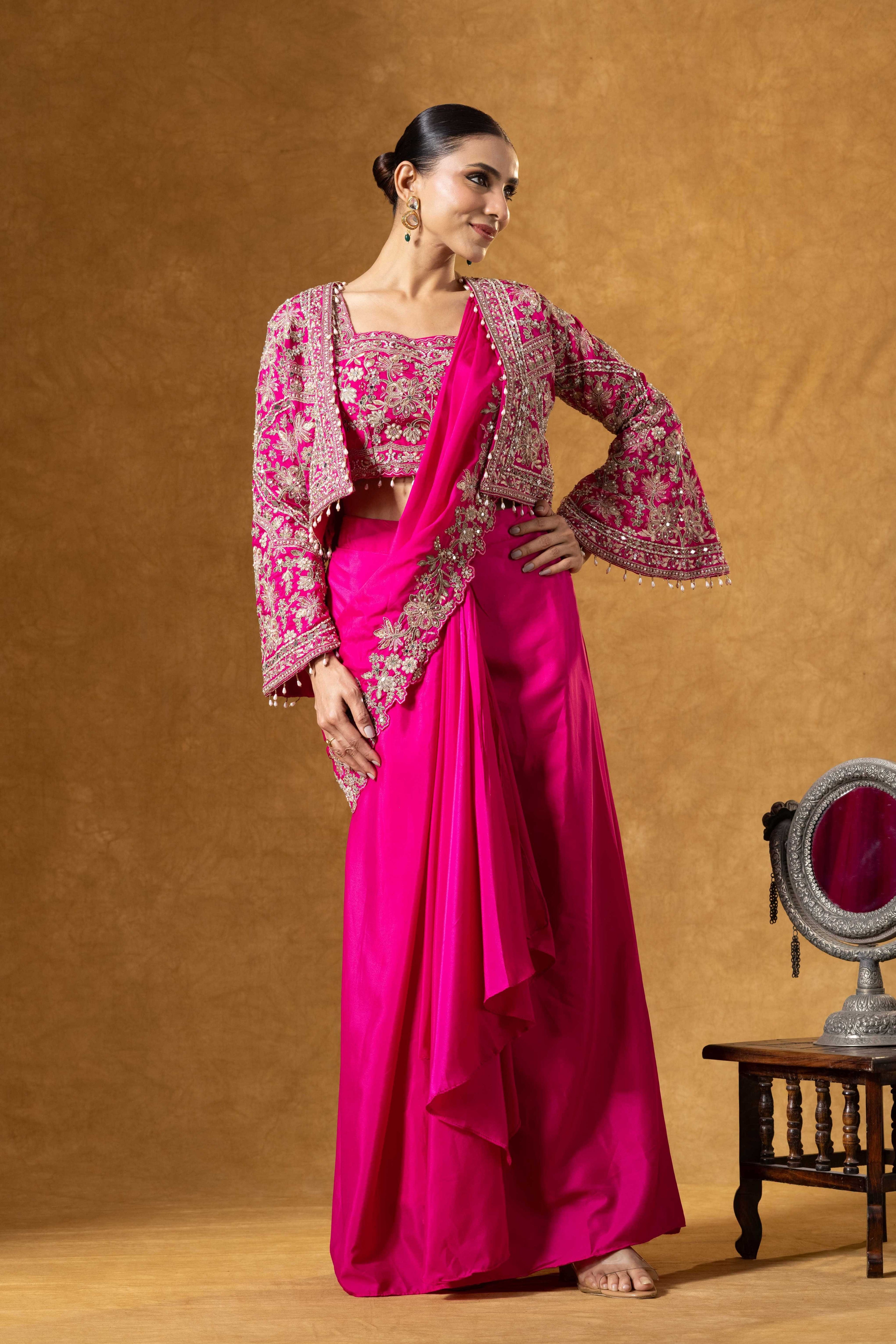 Fuchsia Royale Jacket Saree Set