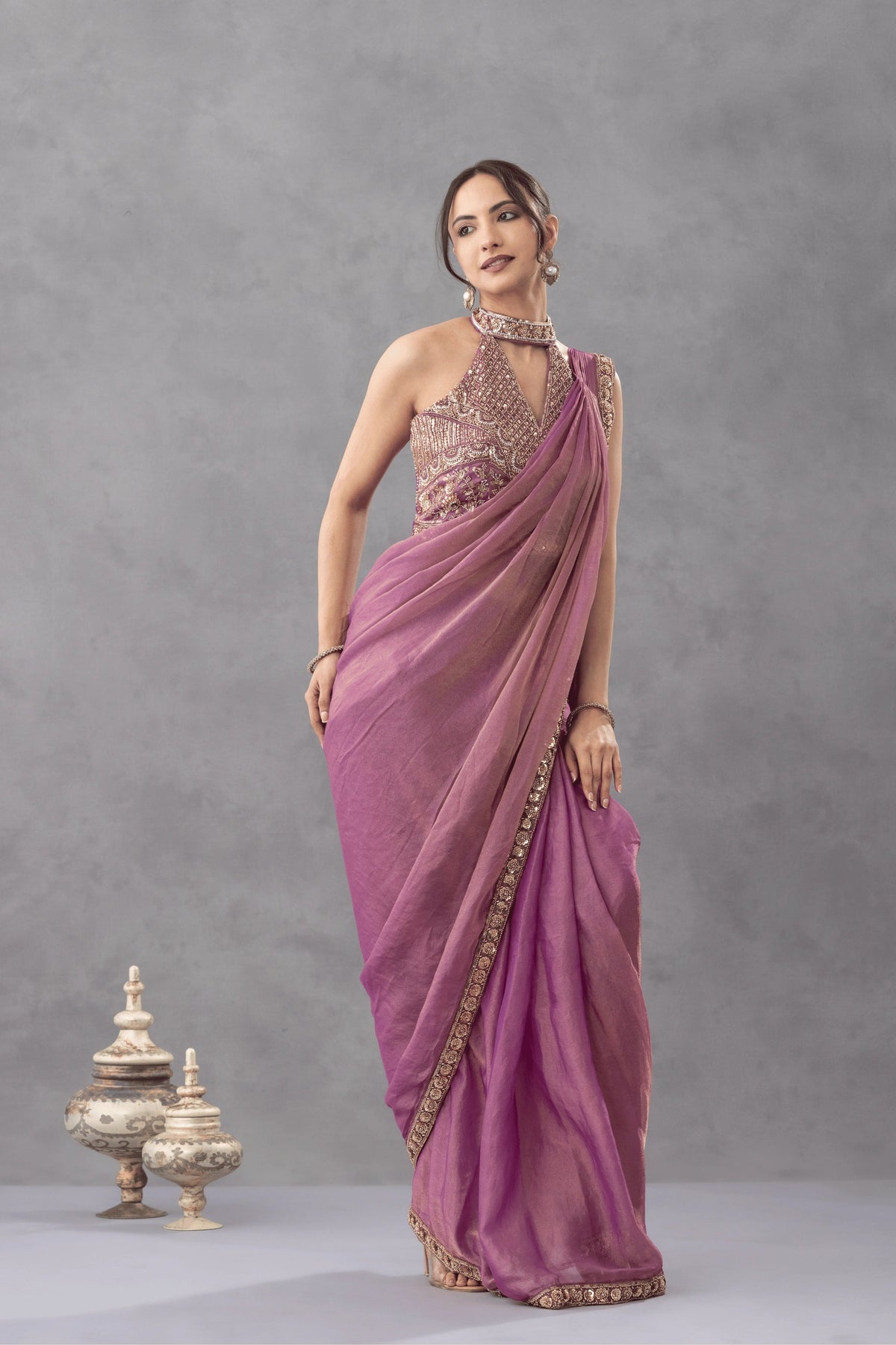 Mauve Draped Saree with Embellished Blouse