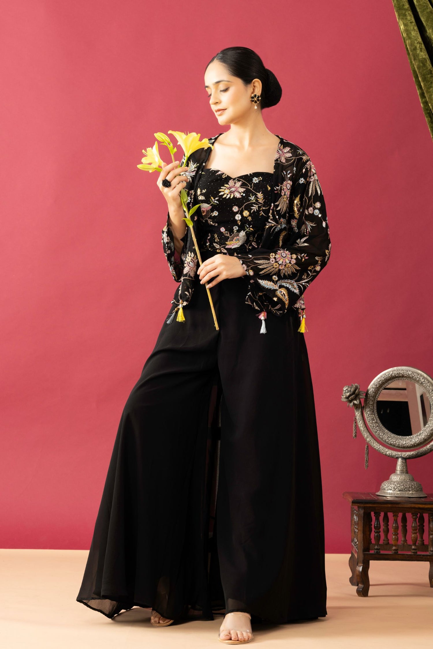 Black Pallazzo Set with Short Embroidered Shrug