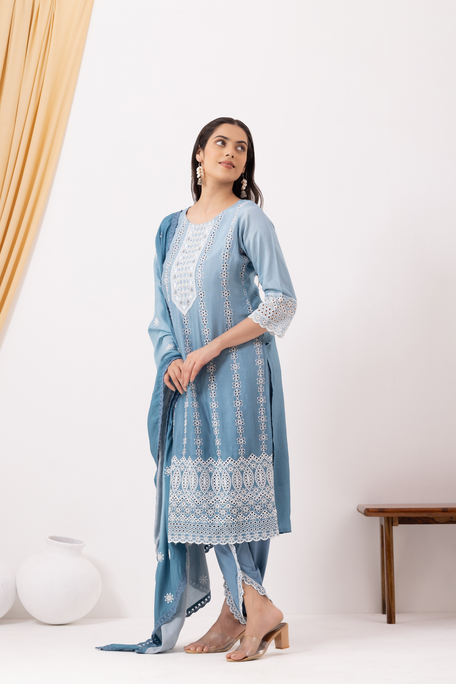 Blue Chikankari Kurta with Tulip Pants Set