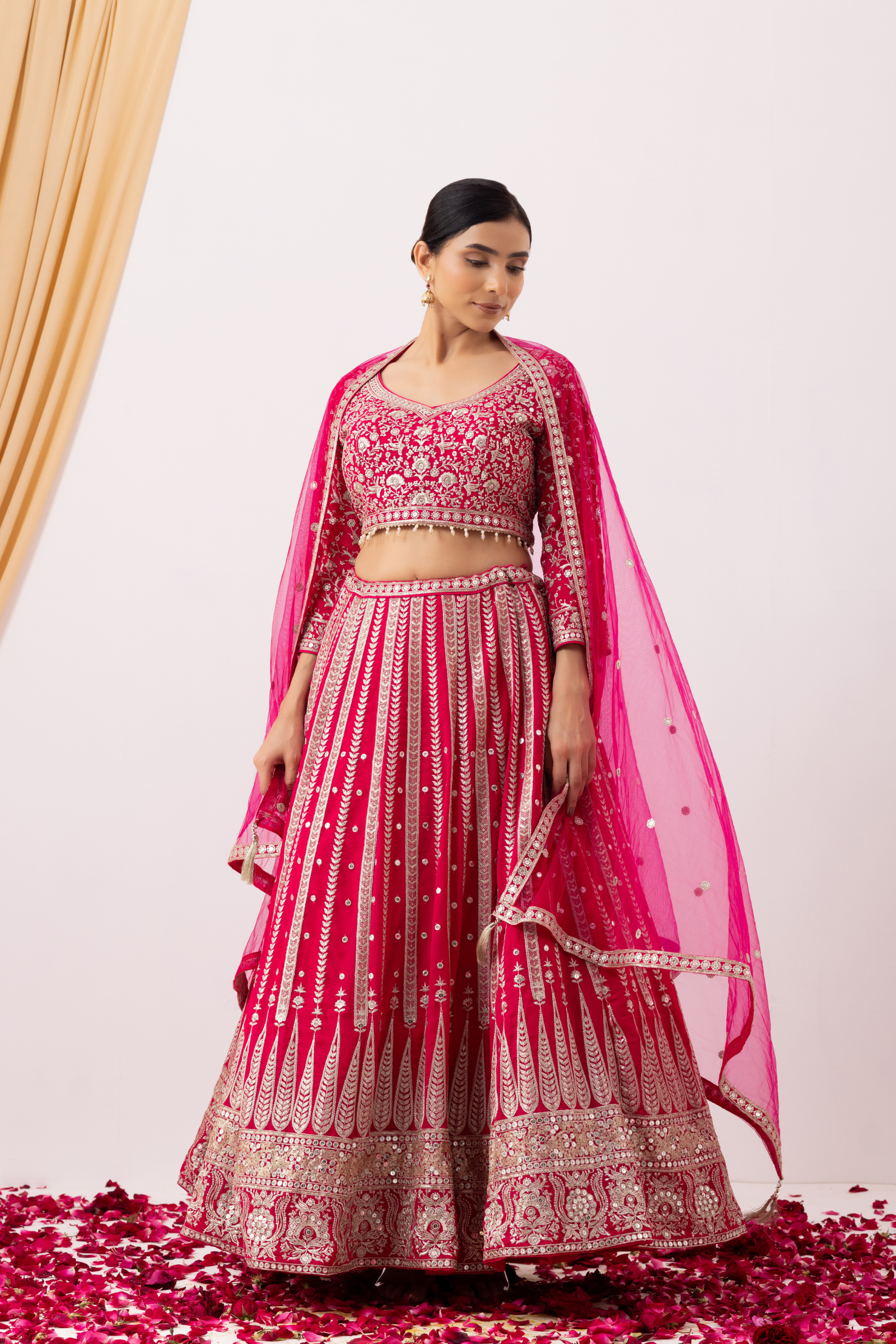 Magenta Pink Lehenga Set with Zari Embellished Blouse and Embellished Cape