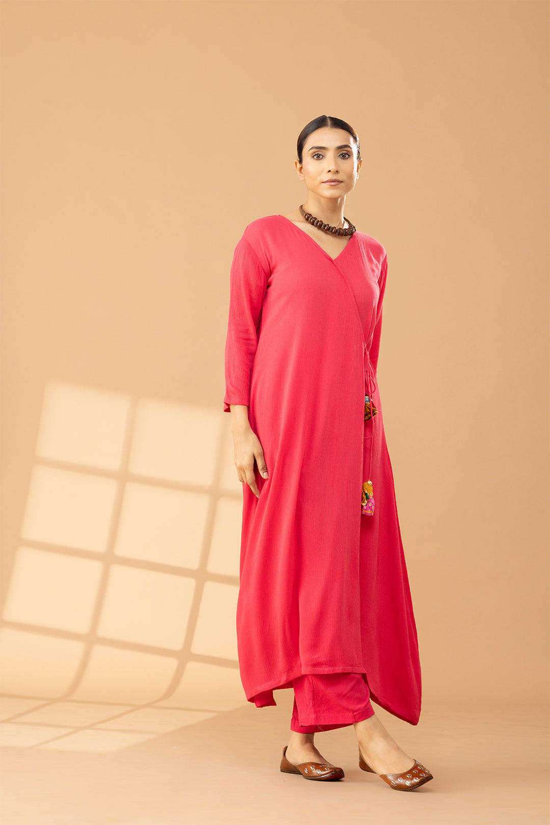 Bright Pink Cotton Angrakha Kurta Set