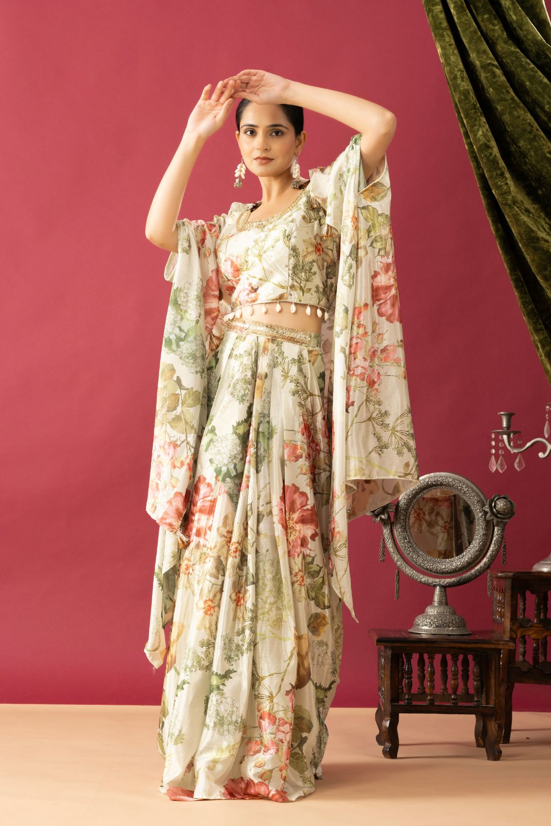 Tropical Printed Draped Skirt set with Cape