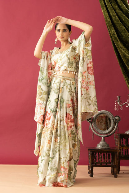 Tropical Printed Draped Skirt set with Cape