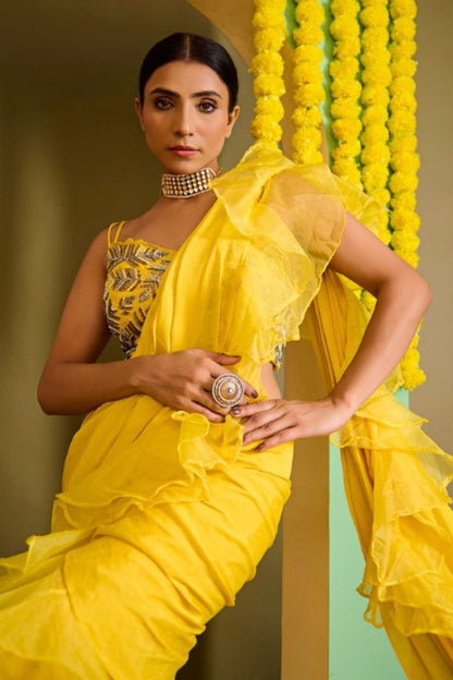 Sunkissed Yellow Organza Sharara Saree Set