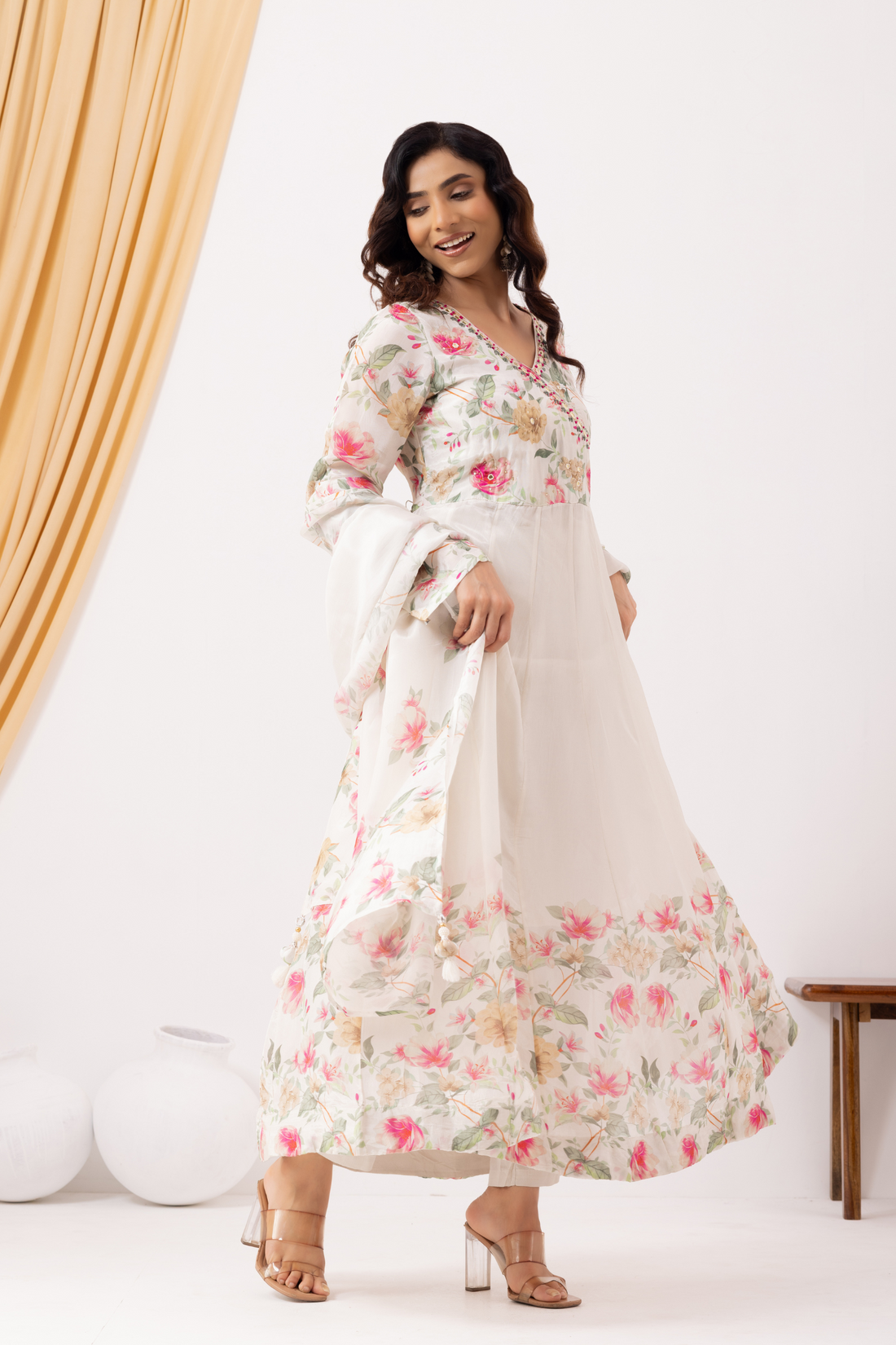 Pearl white Printed &amp; Hand Embroidered Anarkali Set