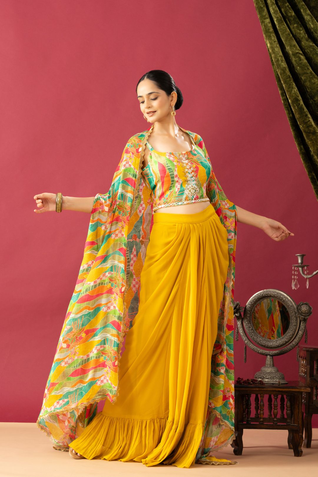 Mustard Yellow Cowl Skirt Set with Multicolor Cape