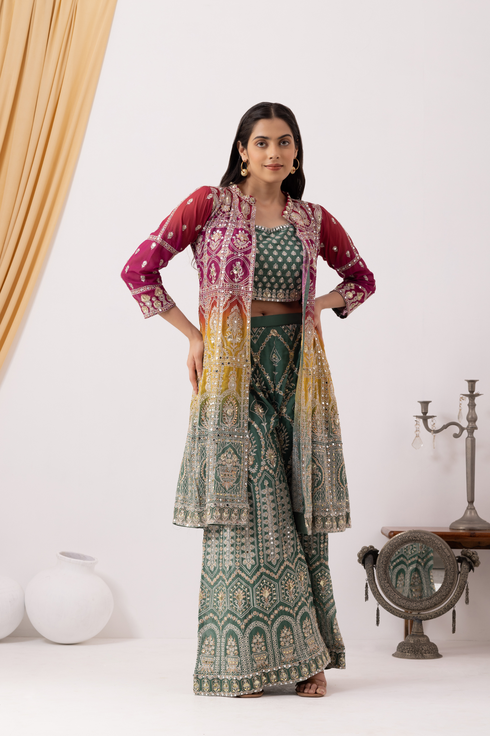 Georgette Dusty Green Designer Sharara Suit Set with Jacket