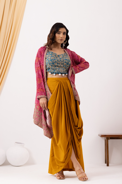 Yellow Draped Fusion Set with Bandhej Cape Set