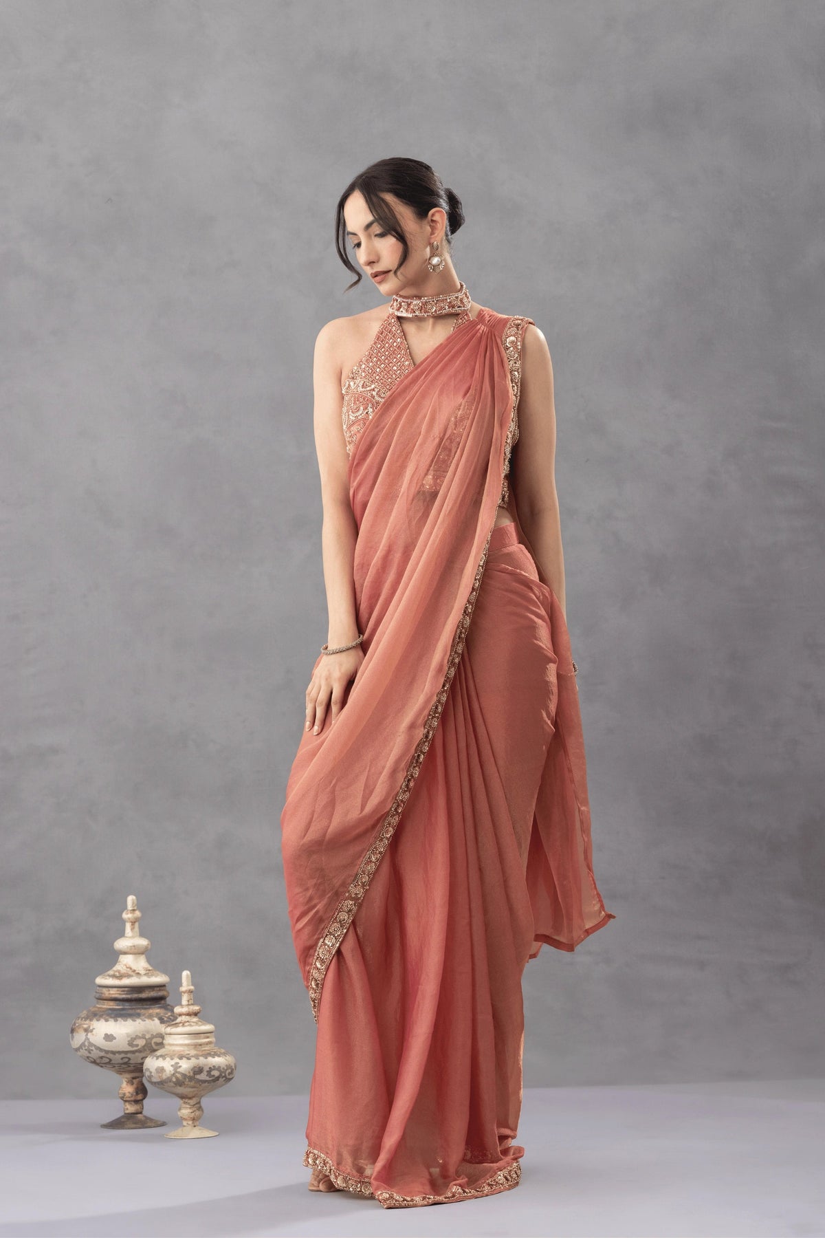 Peach Ombre Draped Saree with Statement Blouse