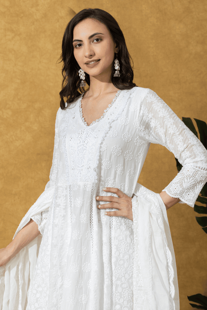 Ivory Embroidered Chikankari  Anarkali Suit Set