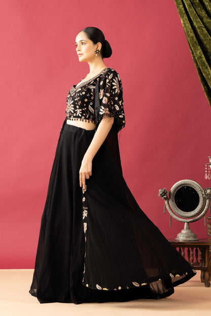 Embroidered Black Lehenga set in Cape Style