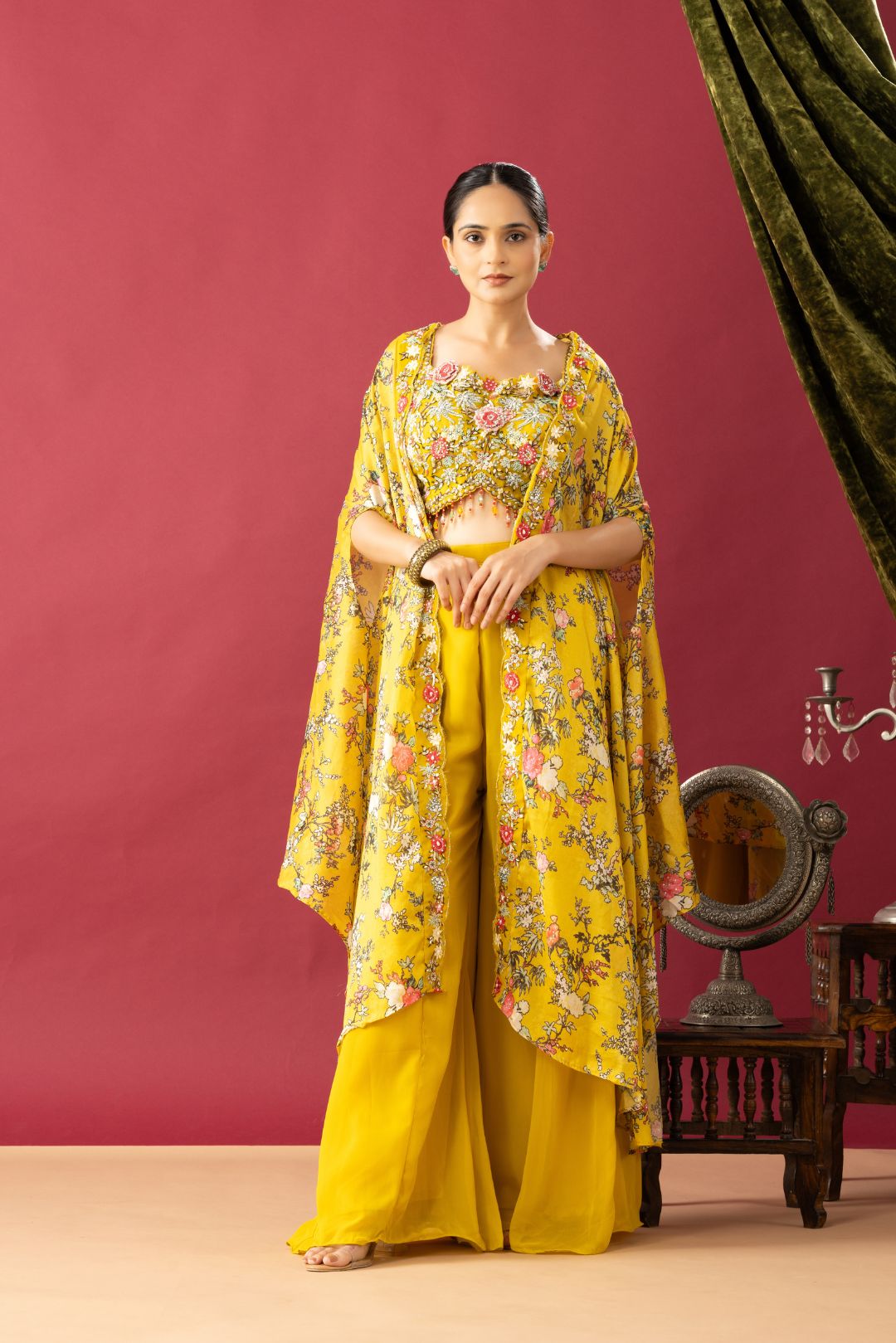 Indo Western Palazzo Set with Floral Printed Cape