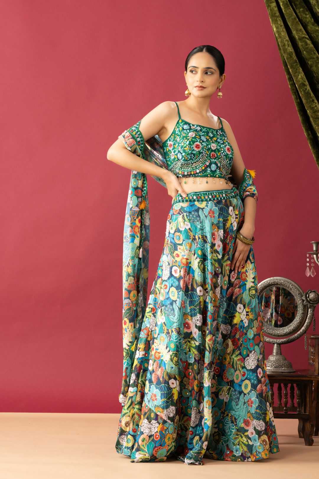 Green Tropical Printed Indo Western Lehenga Cape Set