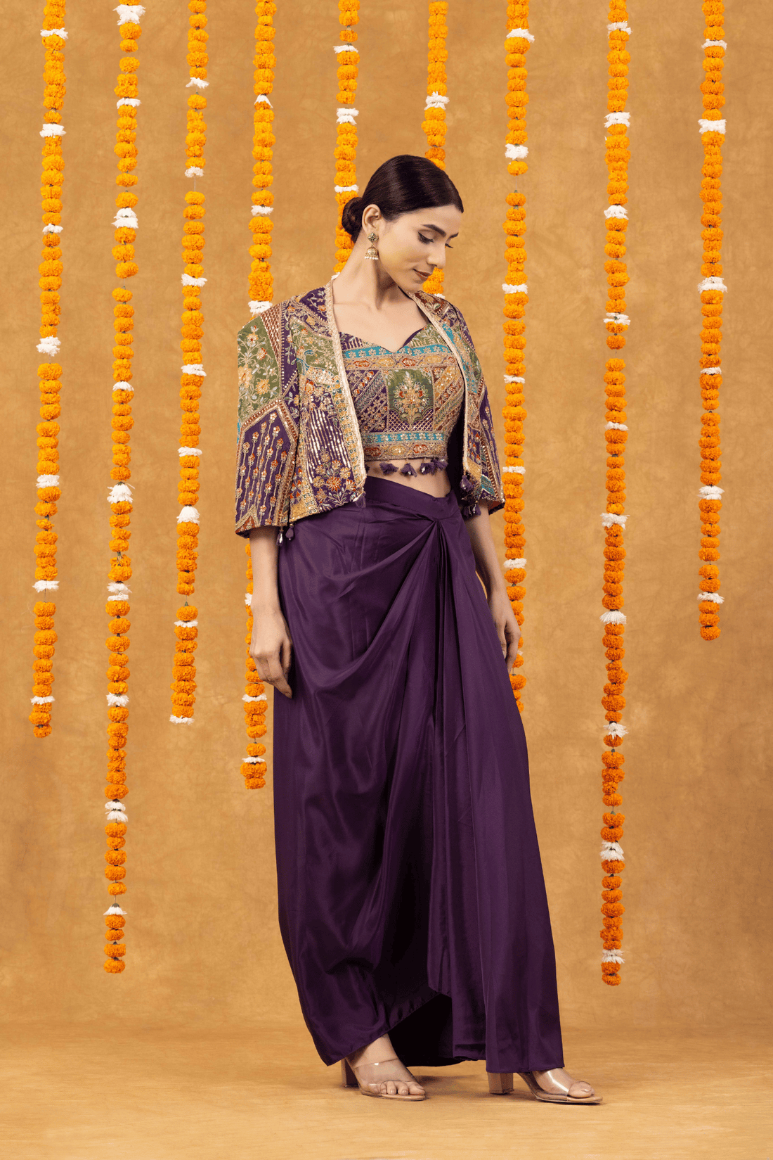 Regal Purple Drape Skirt with Embroidered Crop Top &amp; Jacket