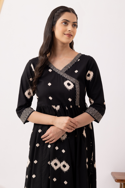 Black Cotton Printed Angrakha Anarkali Suit Set