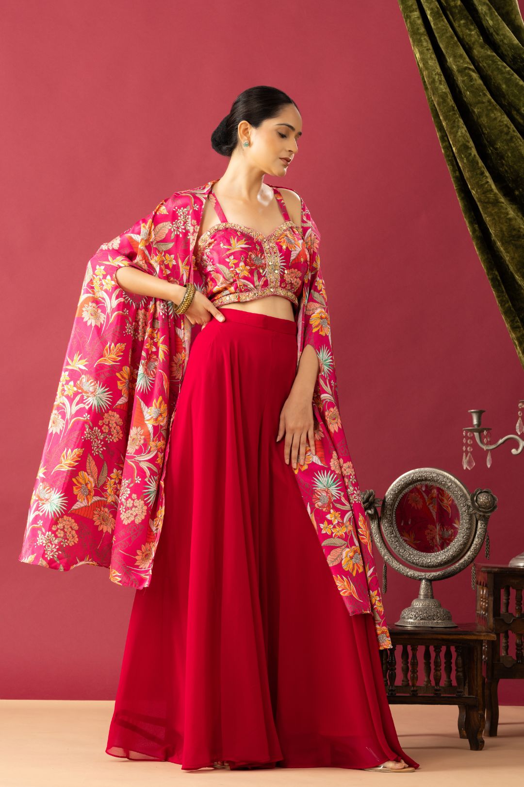 Pink Georgette Palazzo Set with Floral Cape