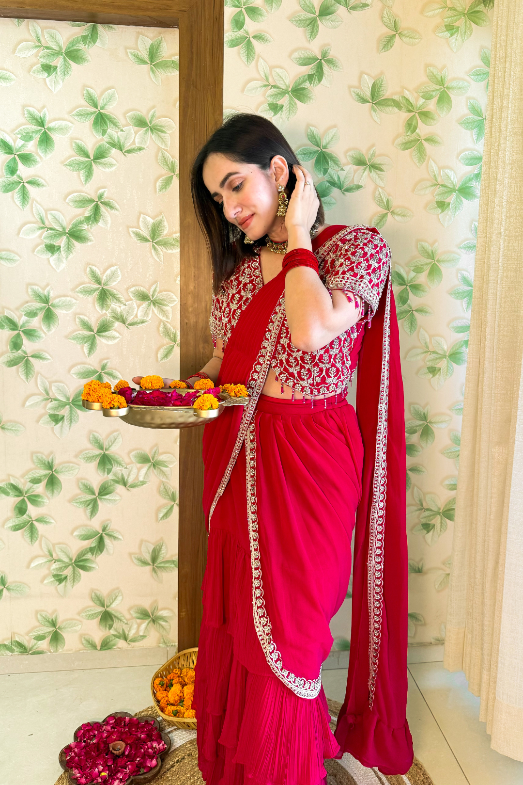 Sparkling Delight Draped Red Saree