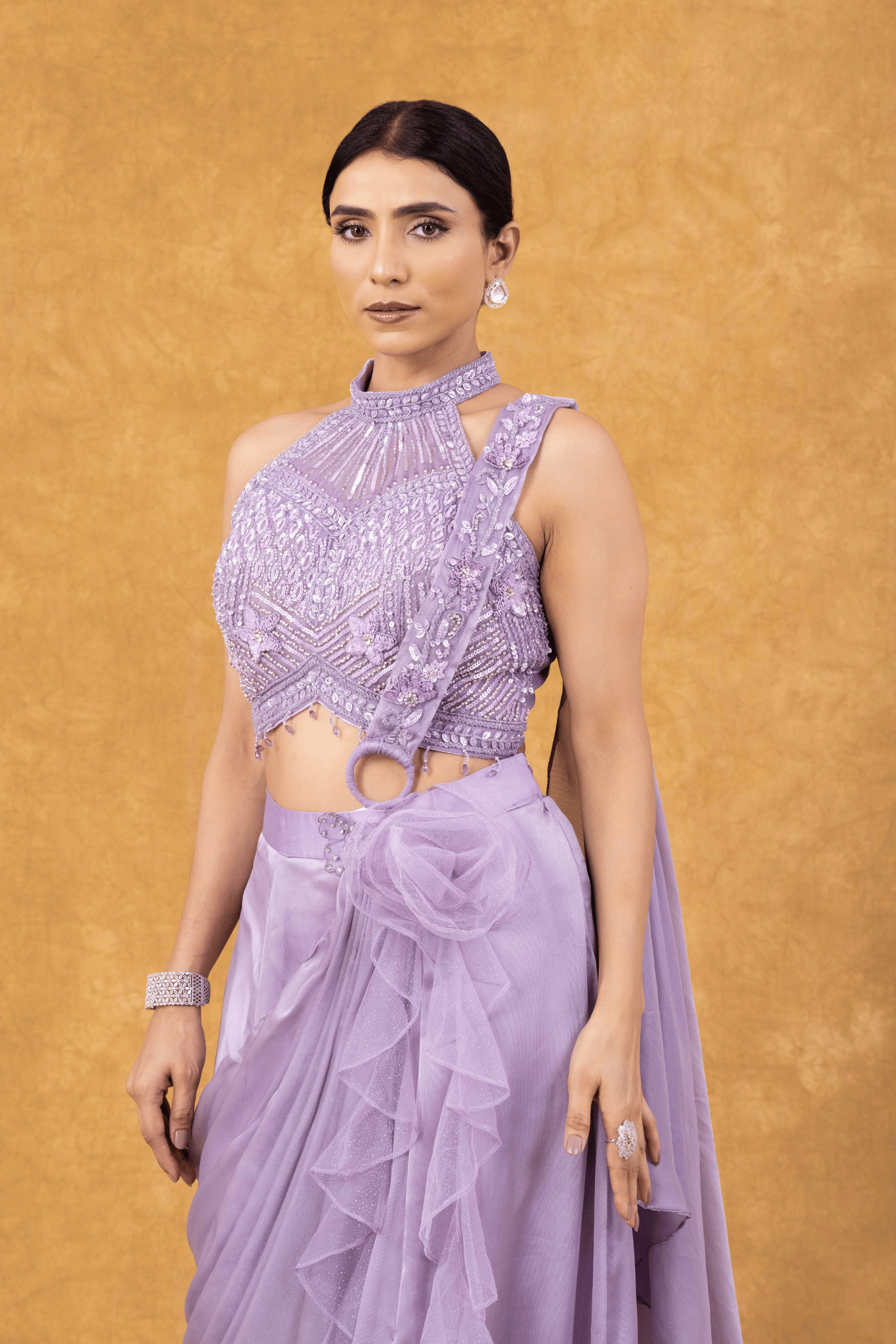Lilac Ruffle Drape Saree with Embellished Halter Blouse