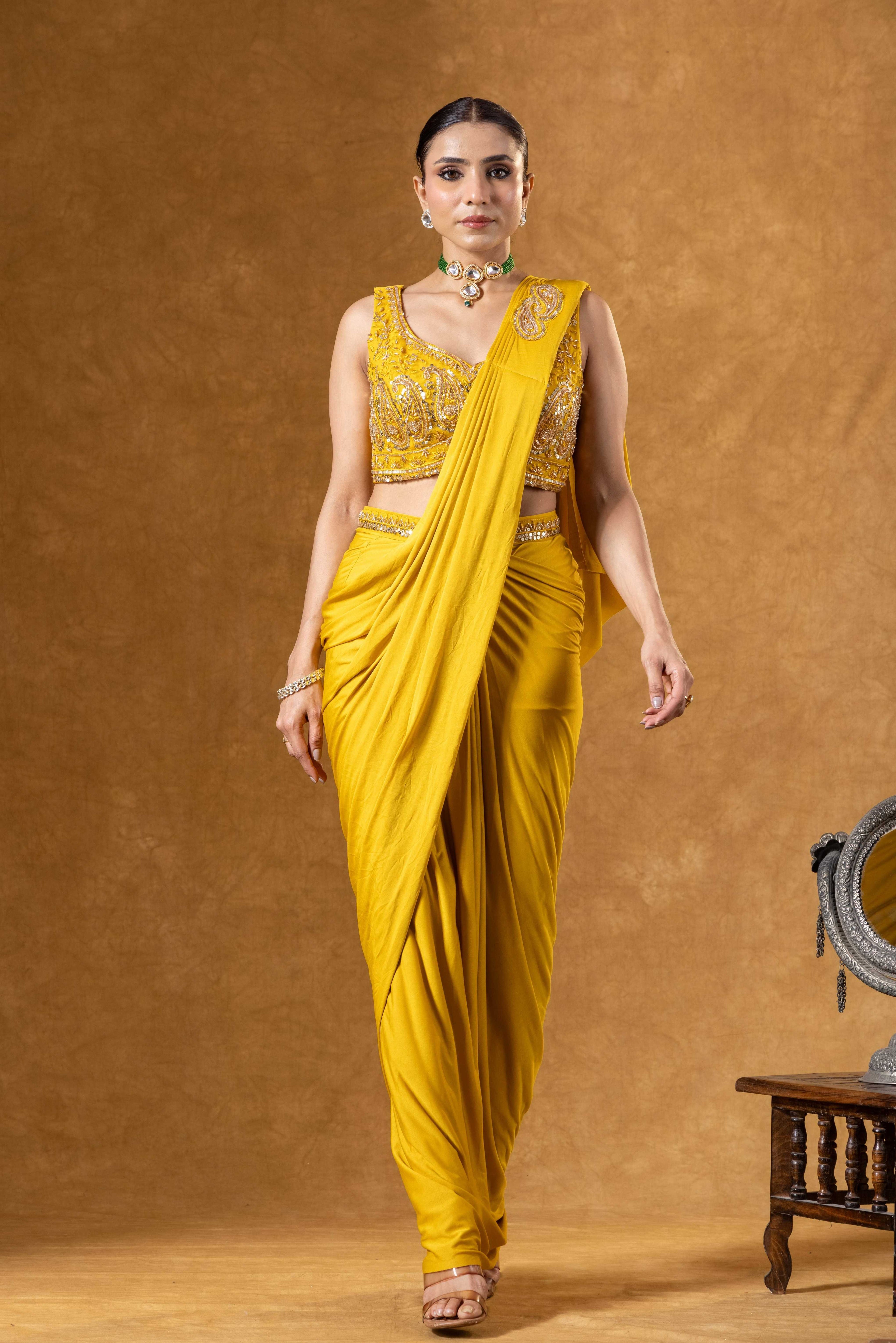 Sunlit Mustard Draped Saree Ensemble