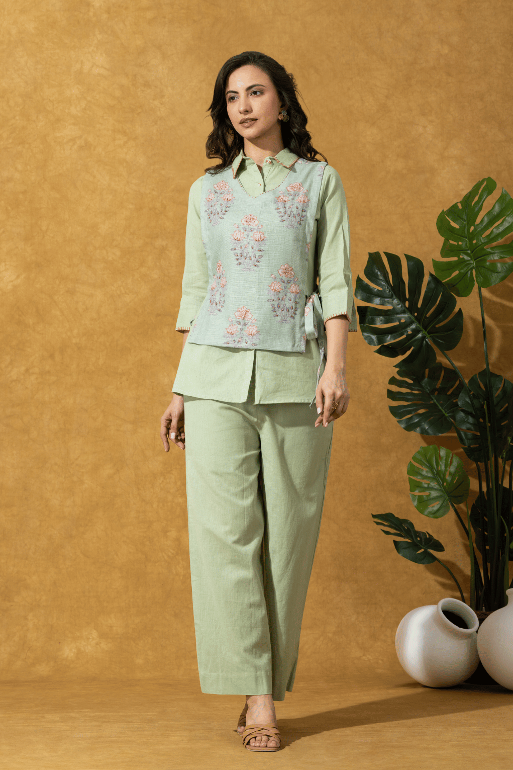 Linen Sage Green Embroidered Co-Ord Set