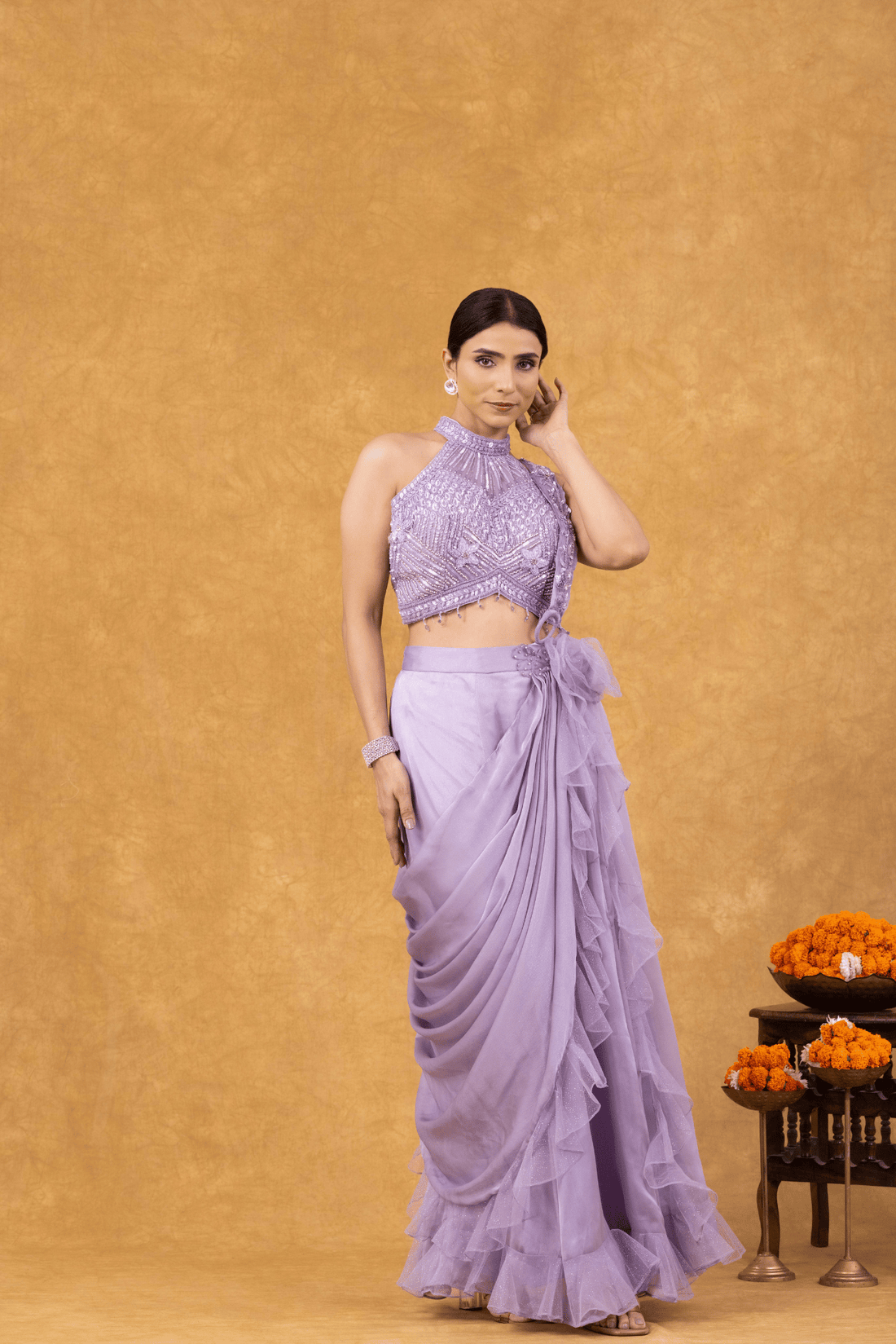 Lilac Ruffle Drape Saree with Embellished Halter Blouse