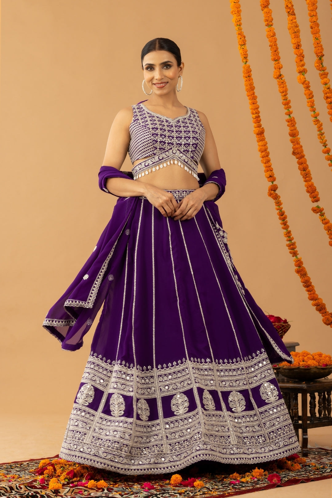 Purple Zari Sequin Embellished Lehenga Set