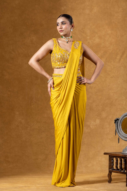 Sunlit Mustard Draped Saree Ensemble