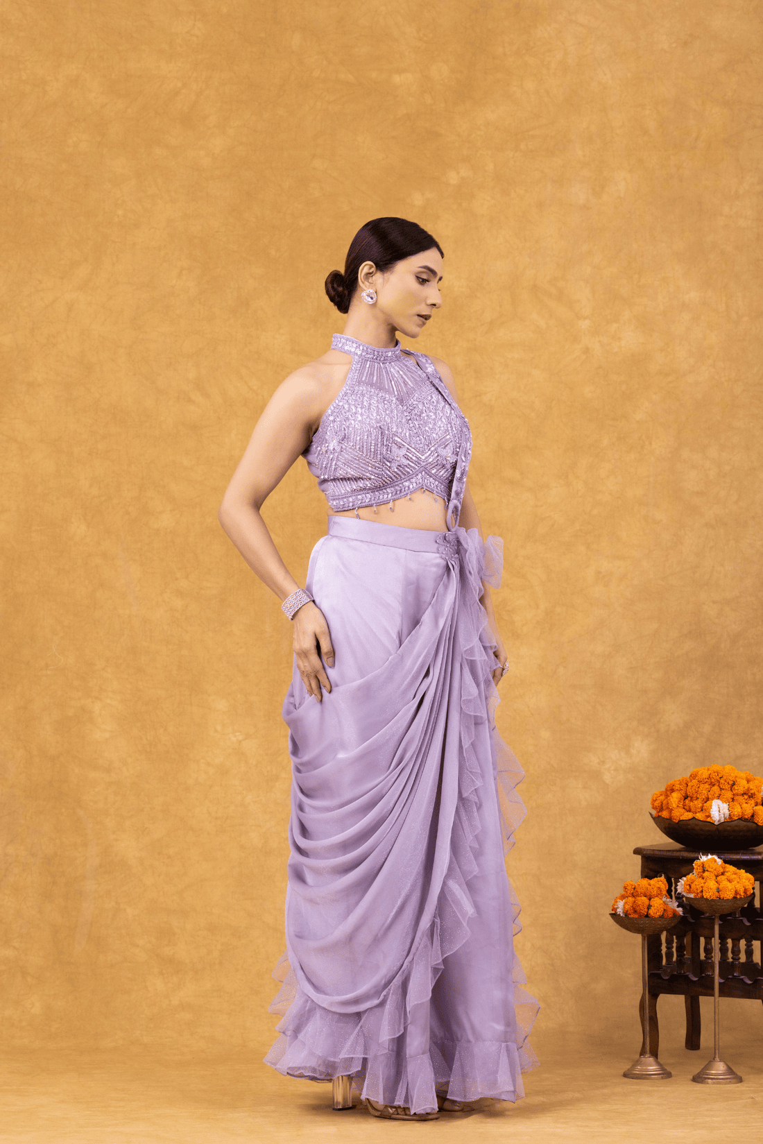 Lilac Ruffle Drape Saree with Embellished Halter Blouse