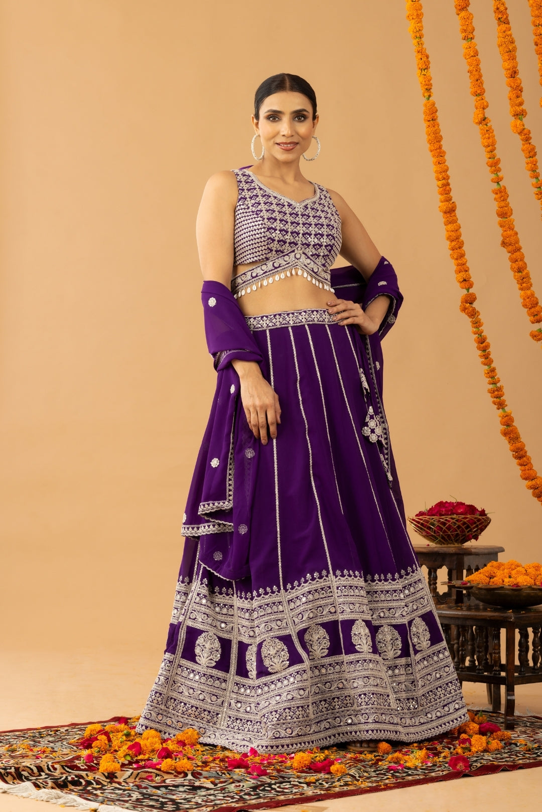 Purple Zari Sequin Embellished Lehenga Set