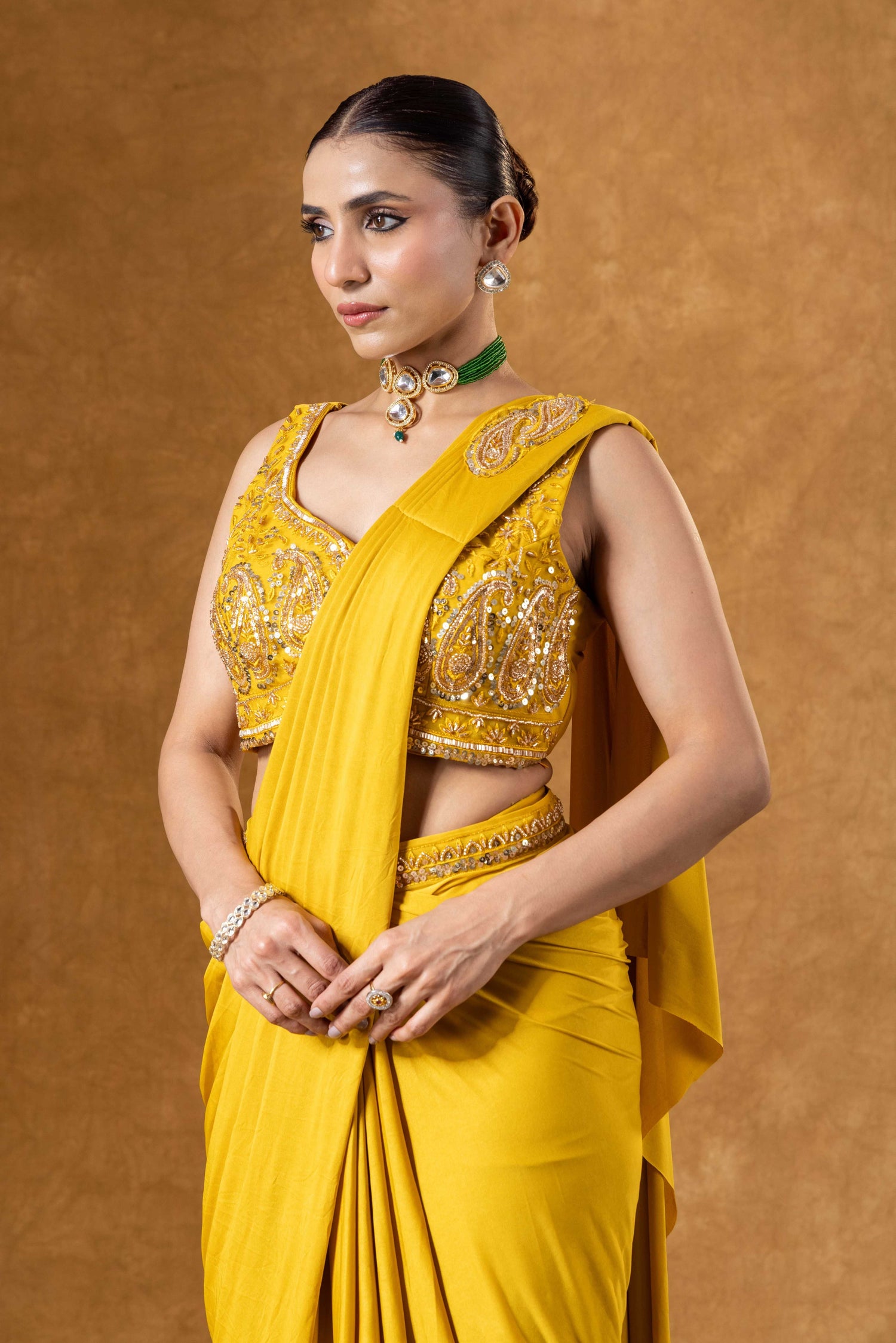 Sunlit Mustard Draped Saree Ensemble