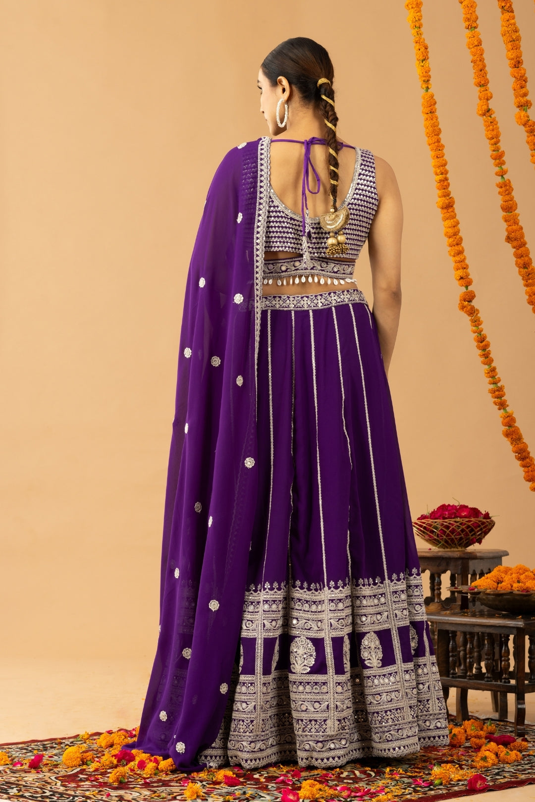 Purple Zari Sequin Embellished Lehenga Set