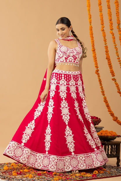 Hot Red Embroidered Lehenga Set