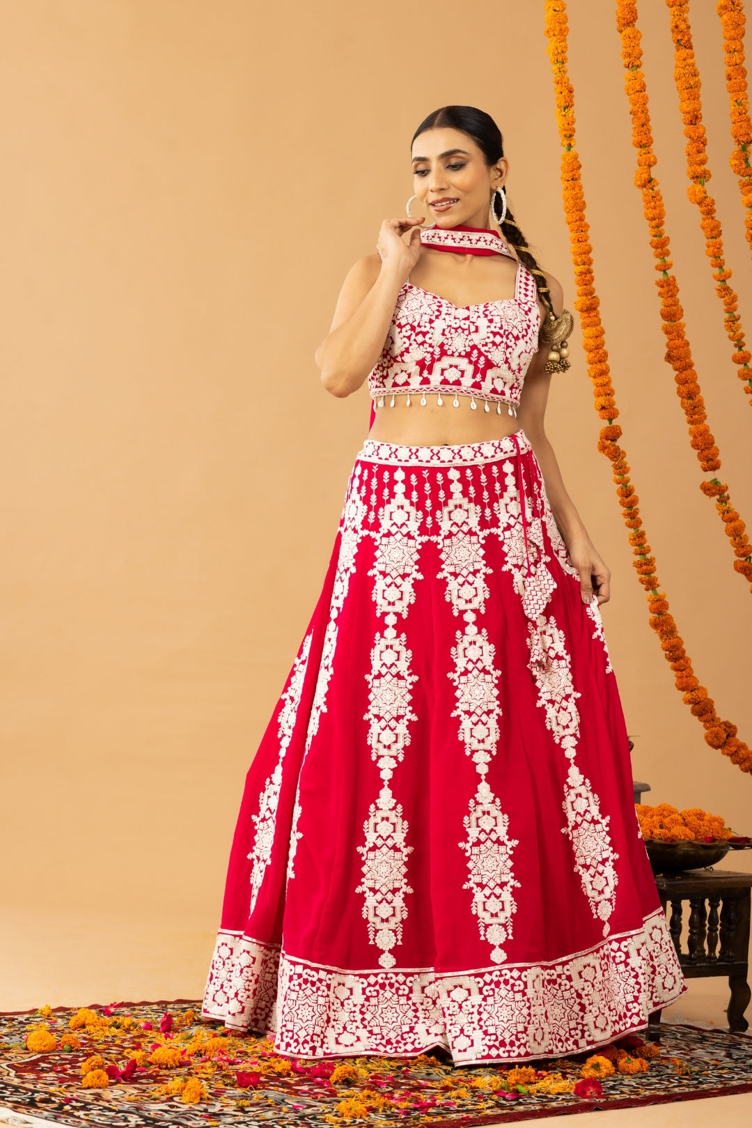 Hot Red Embroidered Lehenga Set