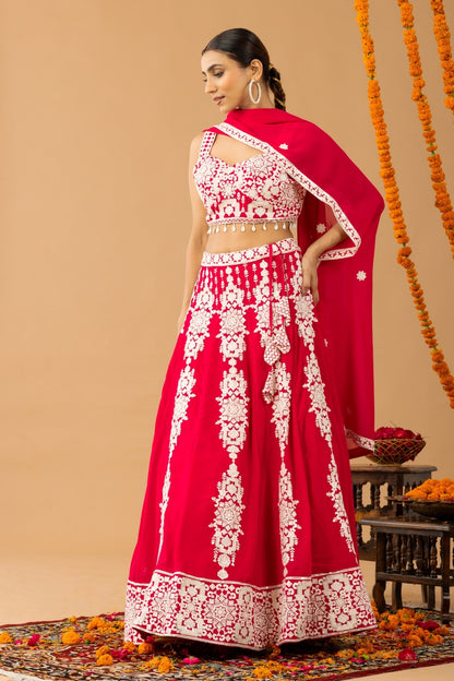 Hot Red Embroidered Lehenga Set