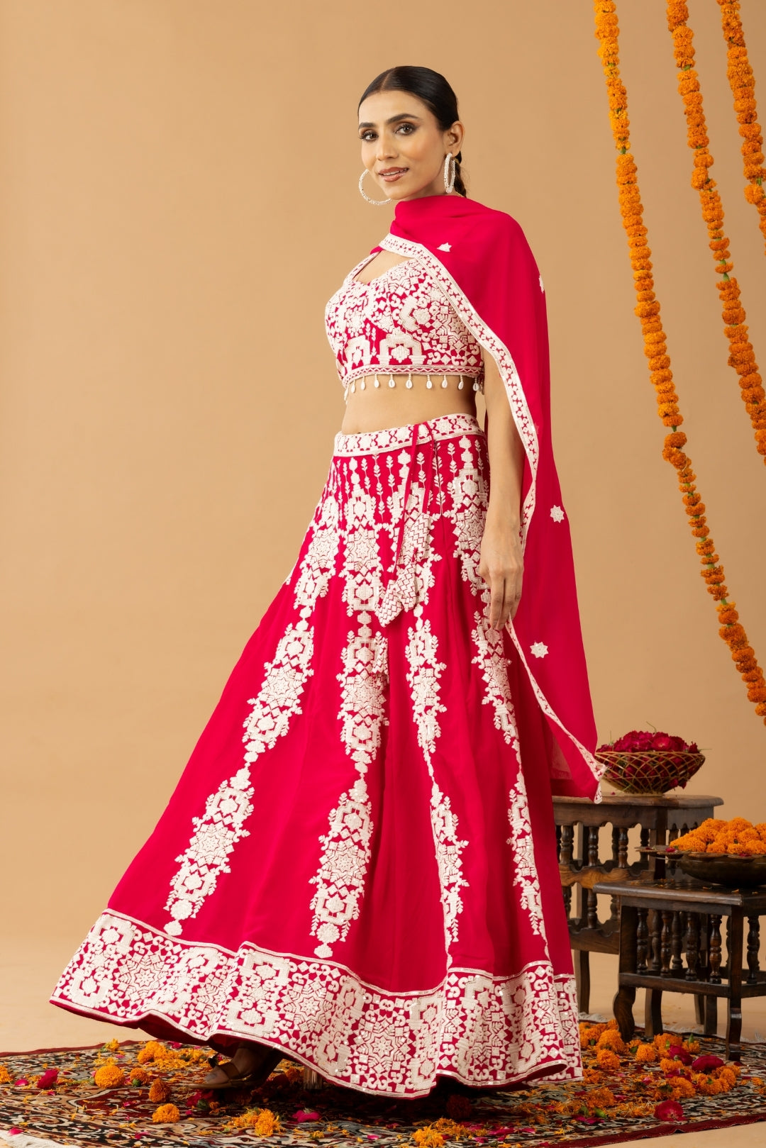 Hot Red Embroidered Lehenga Set