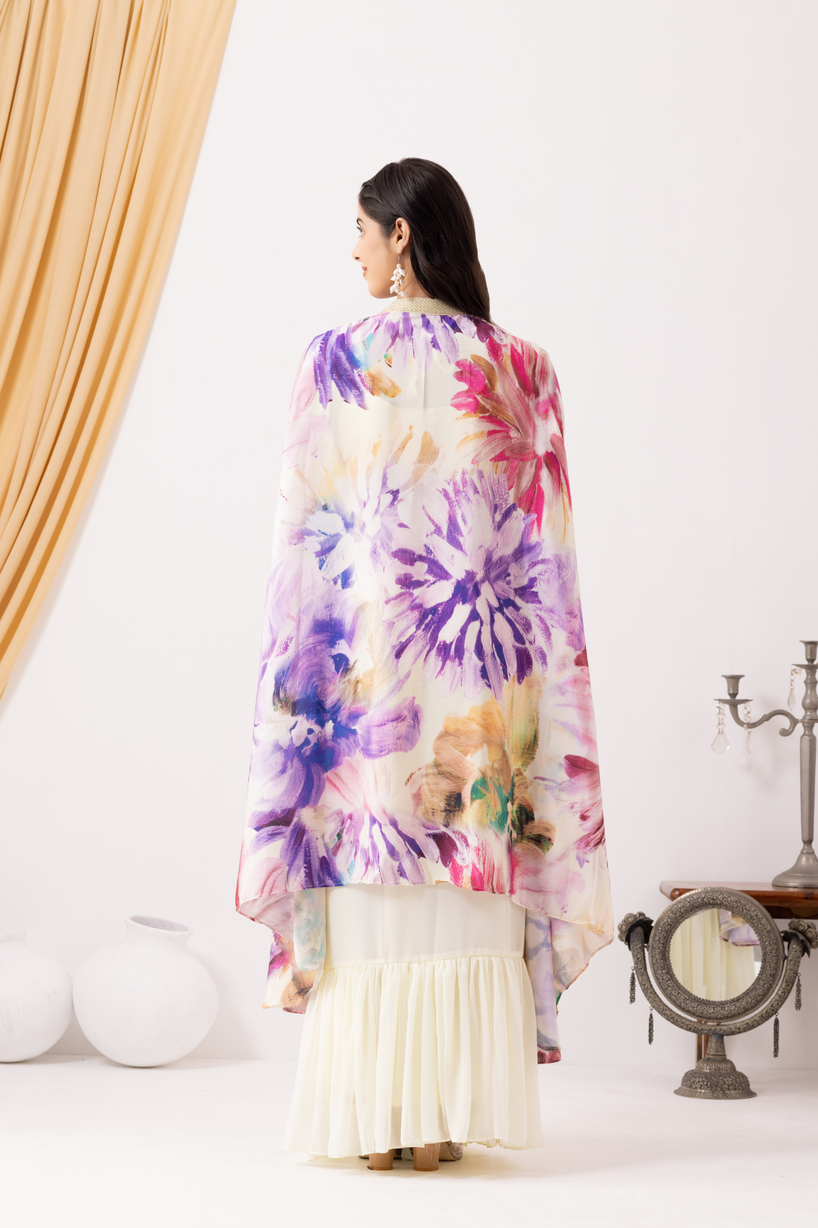 White Ruffle Drape Skirt with Crop Top &amp; Floral Print Cape Set