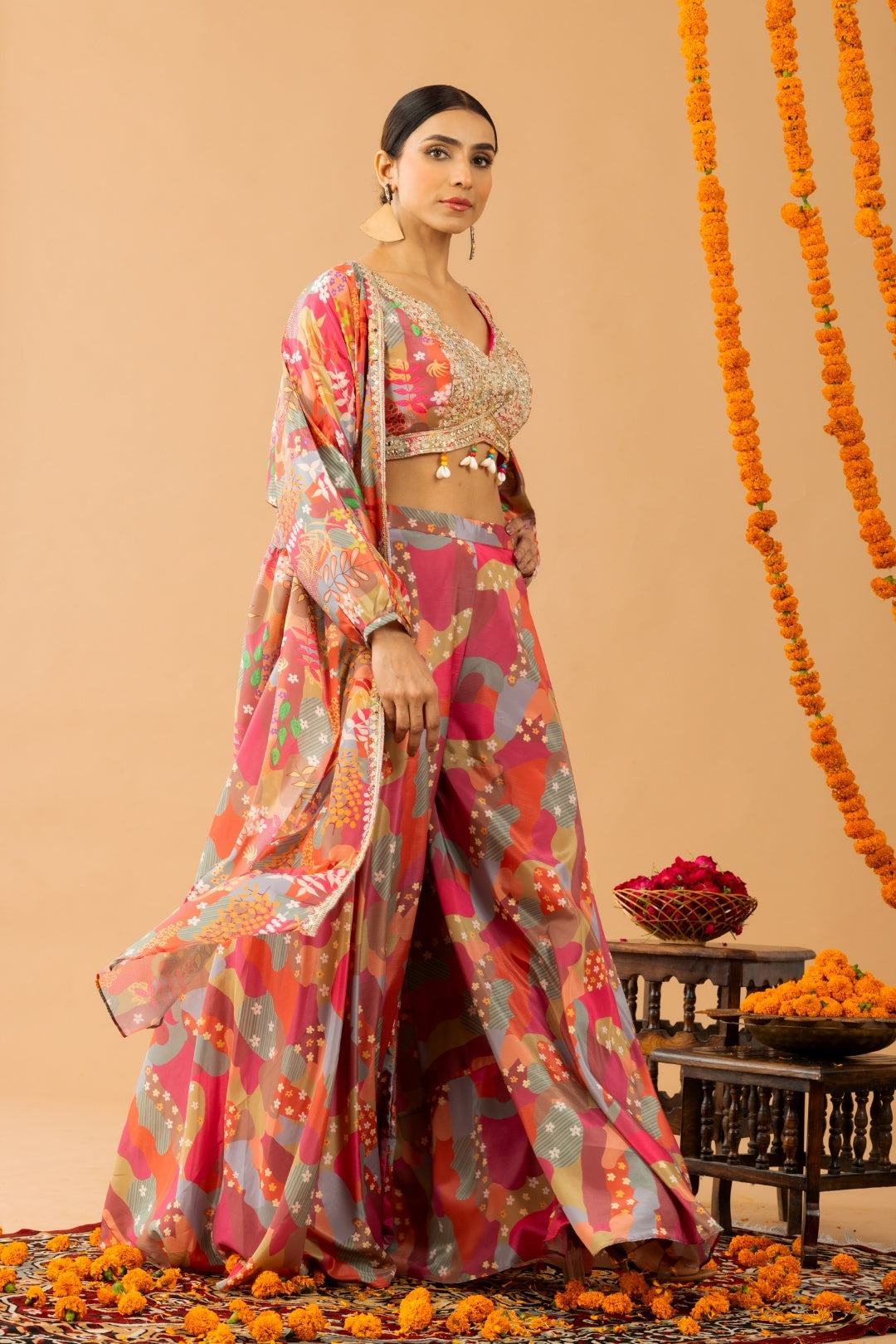 Pink Printed Sharara Set with shrug